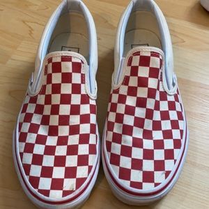 Red checkered slip on vans